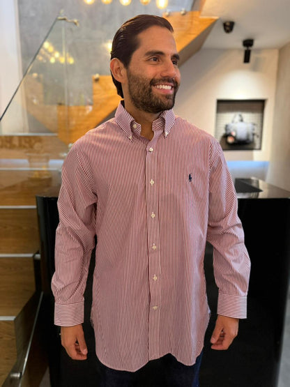 Camisa Polo R.L hombre Algodón Rayas Vinotinto Con Blanco Caballo Azul