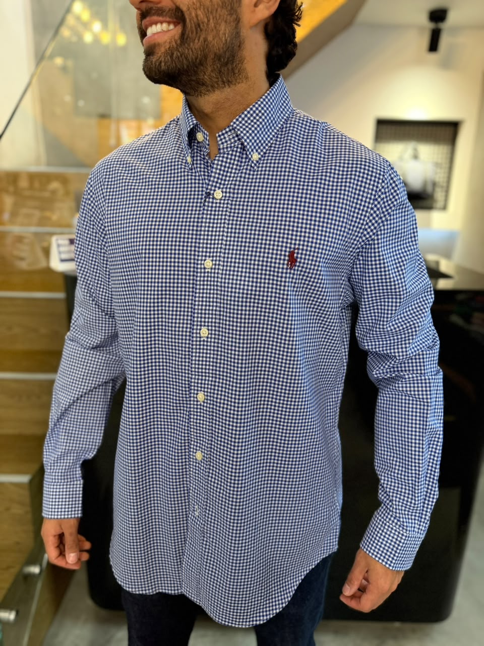 Camisa Polo R.L hombre Algodón Cuadros Blancos Con Azul Caballo Rojo