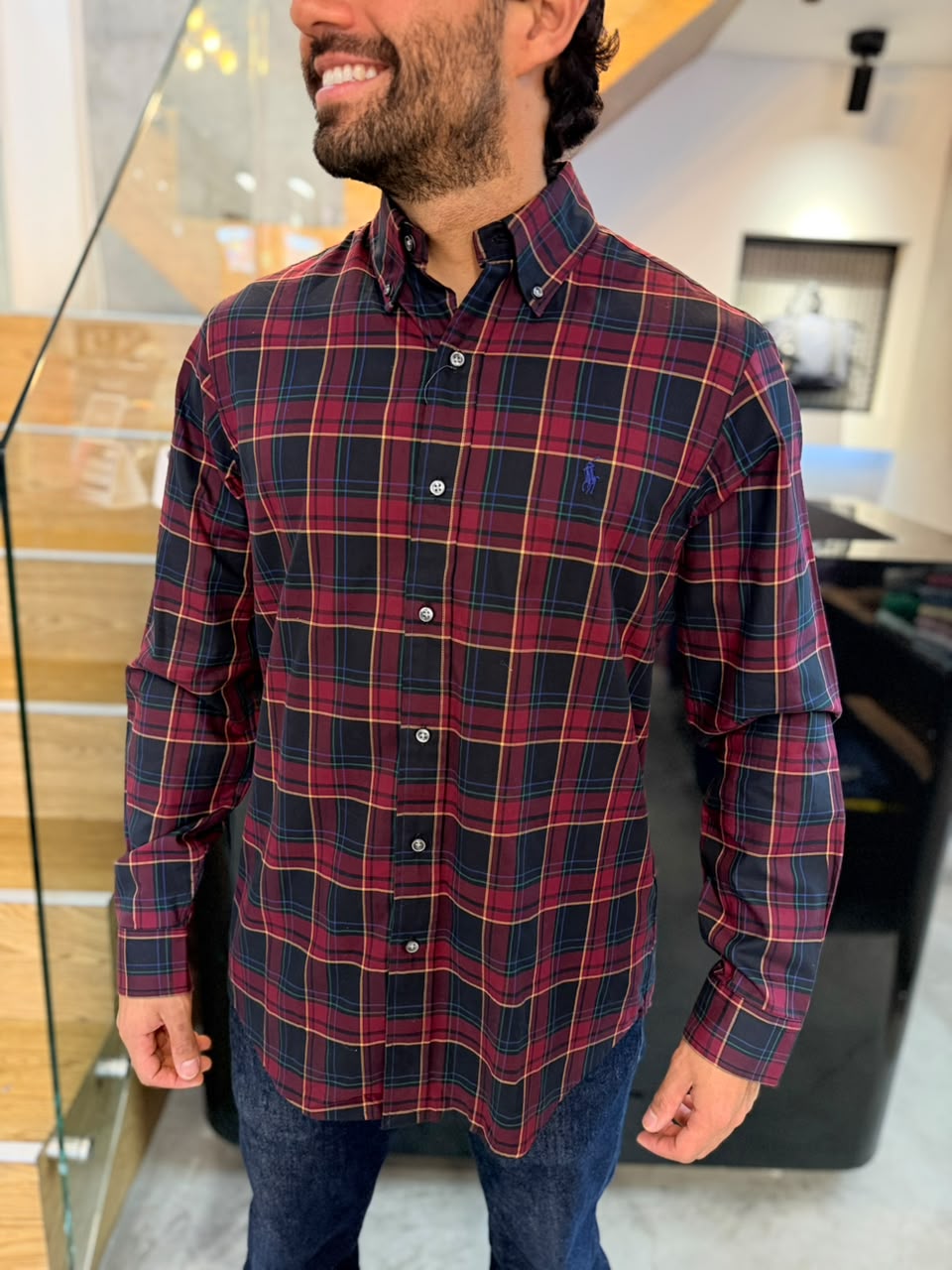 Camisa Polo R.L hombre Algodón Cuadros Vino Tinto Con Negro Caballo Azul
