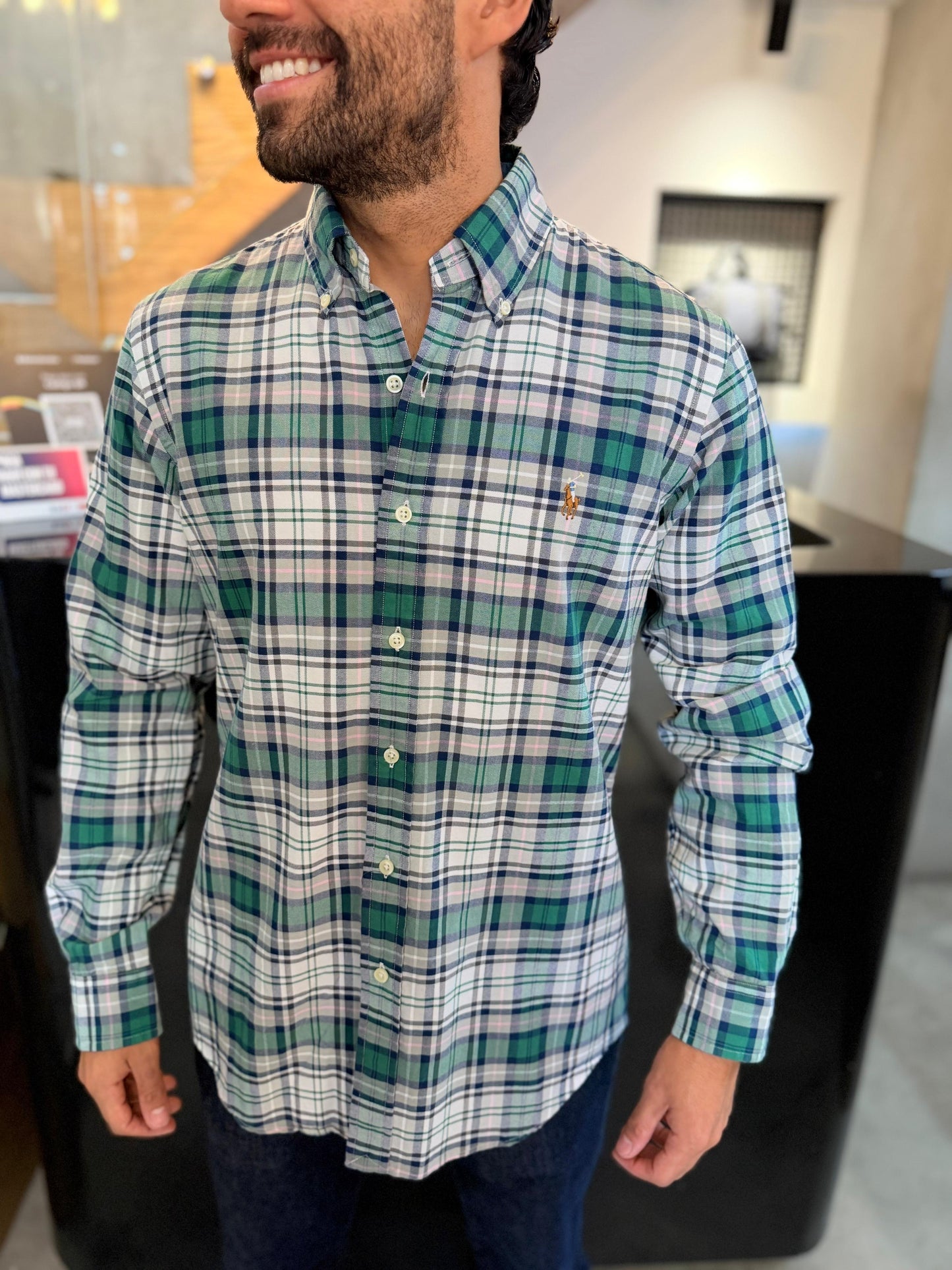 Camisa Polo R.L hombre Oxford Cuadros Verdes Caballo Multicolor