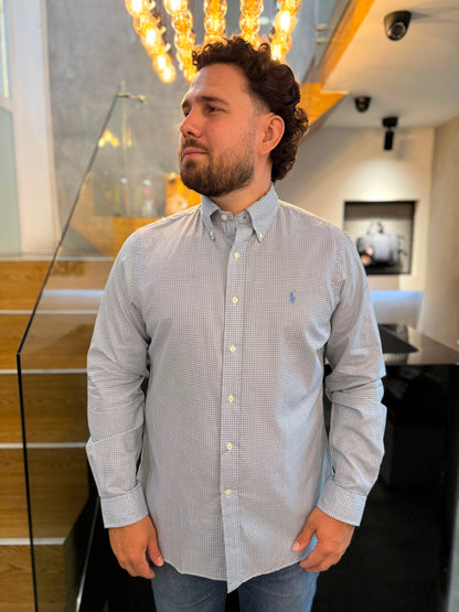 Camisa Polo R.L hombre Algodón Cuadros Celestes Caballo Celeste