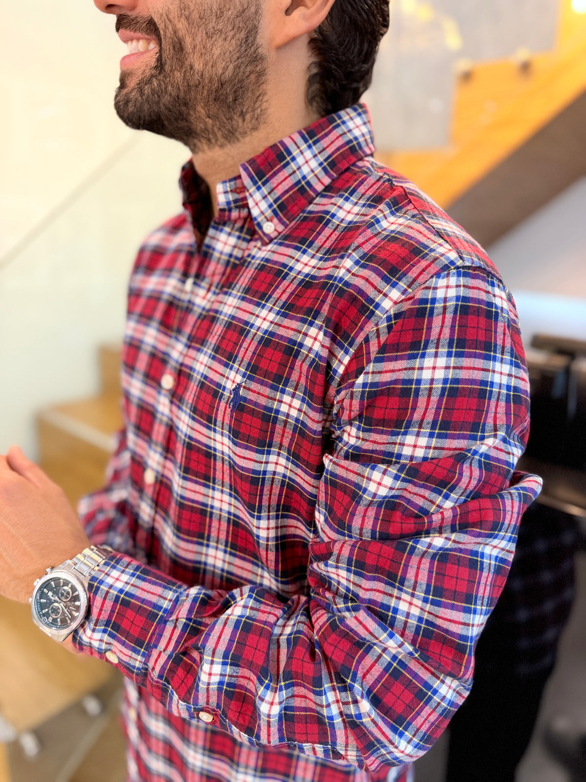 Camisa Polo R.L hombre Algodón Grueso Cuadros Rojos Con Blanco Caballo Azul