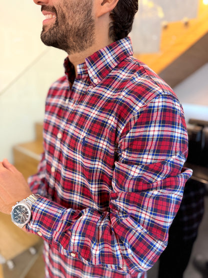 Camisa Polo R.L hombre Algodón Grueso Cuadros Rojos Con Blanco Caballo Azul