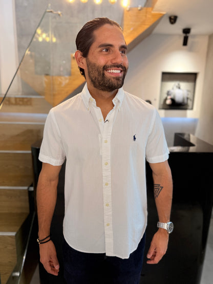 Camisa Polo R.L hombre Manga Corta Galleta Blanca Caballo Azul