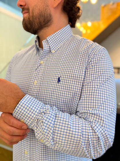 Camisa Polo R.L hombre Performance Cuadros Blancos Con Azul Caballo Azul