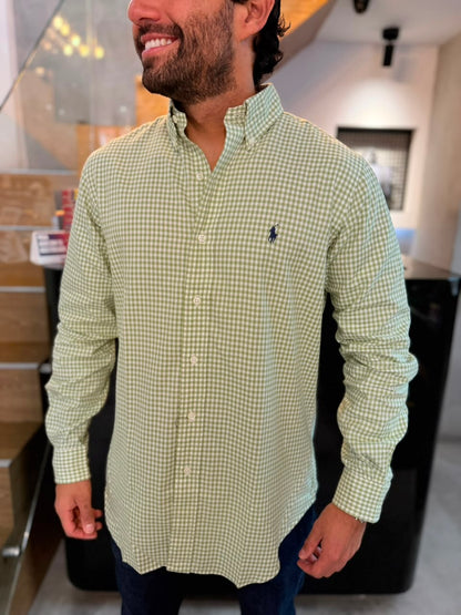 Camisa Polo R.L hombre Algodón Cuadros Verde Oliva Caballo Azul