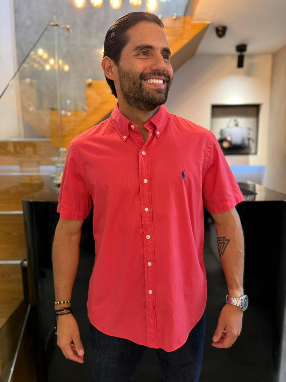 Camisa Polo R.L hombre Oxford  Manga Corta Coral Caballo Azul