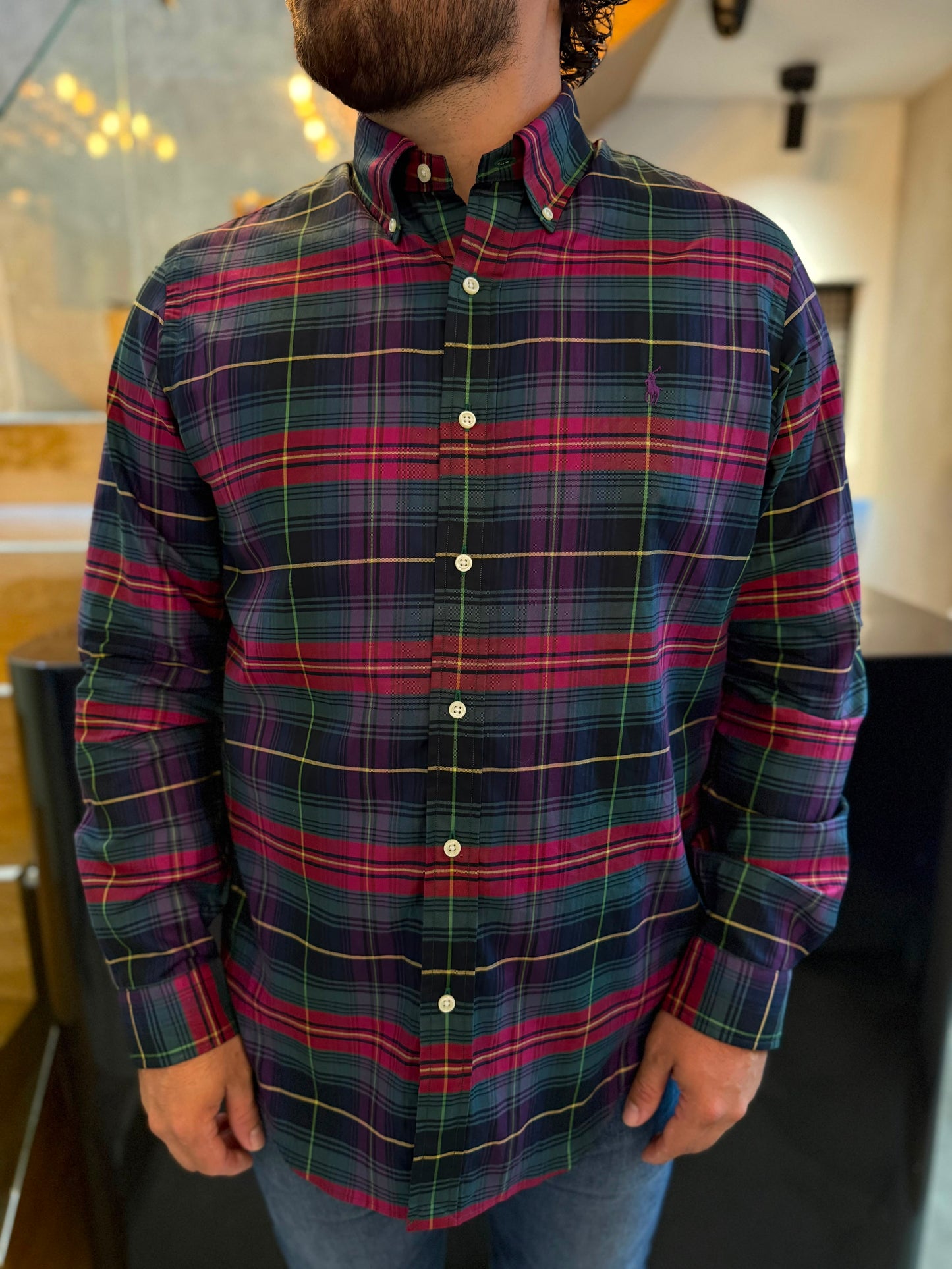 Camisa Polo R.L hombre Algodón Cuadros Morados Caballo Morado
