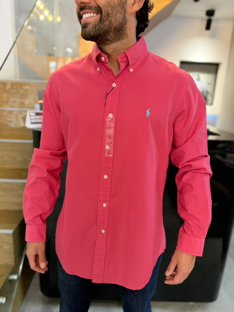 Camisa Polo R.L hombre Oxford Coral Caballo Celeste