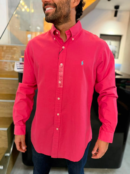 Camisa Polo R.L hombre Oxford Coral Caballo Celeste