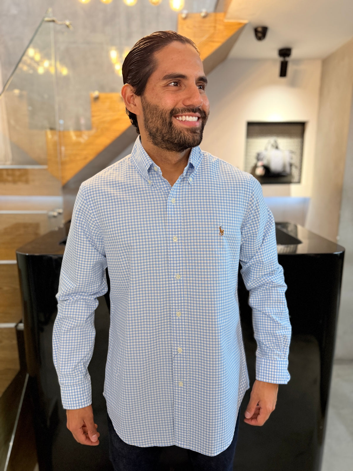 Camisa Polo R.L hombre Oxford Cuadros Celestes con Blanco Caballo Multicolor