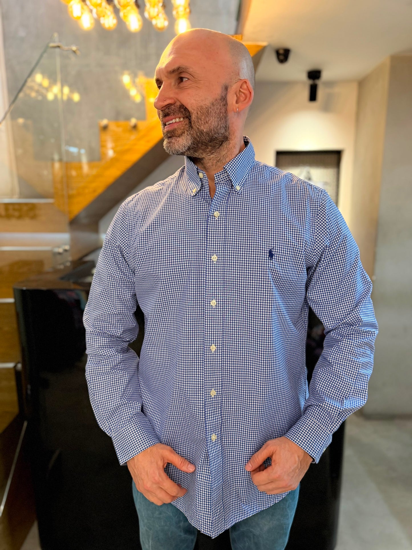 Camisa Polo R.L hombre Algodón Cuadros Azules Con Blanco Caballo Azul