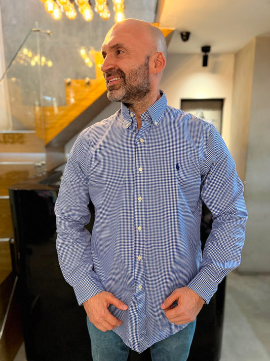 Camisa Polo R.L hombre Algodón Cuadros Azules Con Blanco Caballo Azul