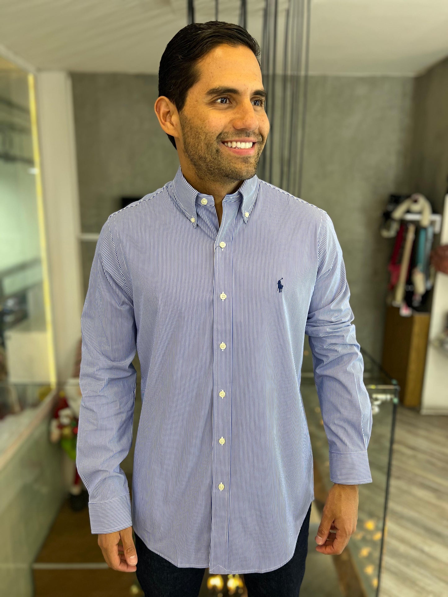 Camisa Polo R.L hombre Algodón Rayas Azules Caballo Azul