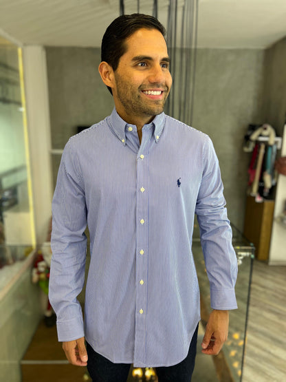 Camisa Polo R.L hombre Algodón Rayas Azules Caballo Azul