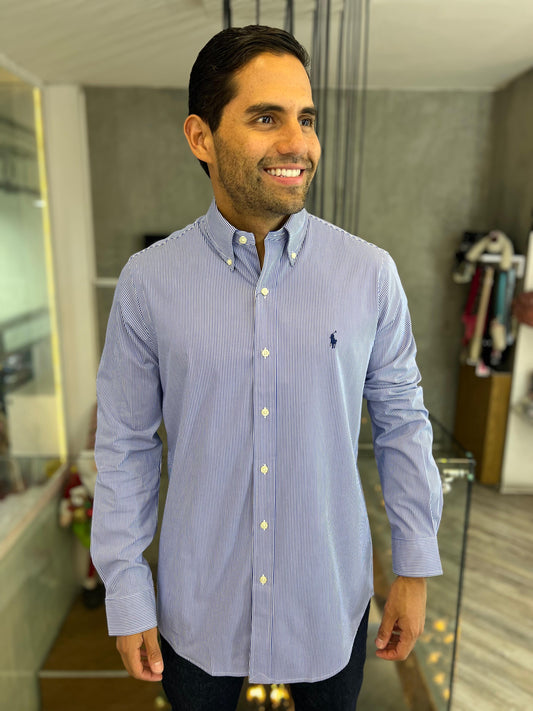 Camisa Polo R.L hombre Algodón Rayas Azules Caballo Azul