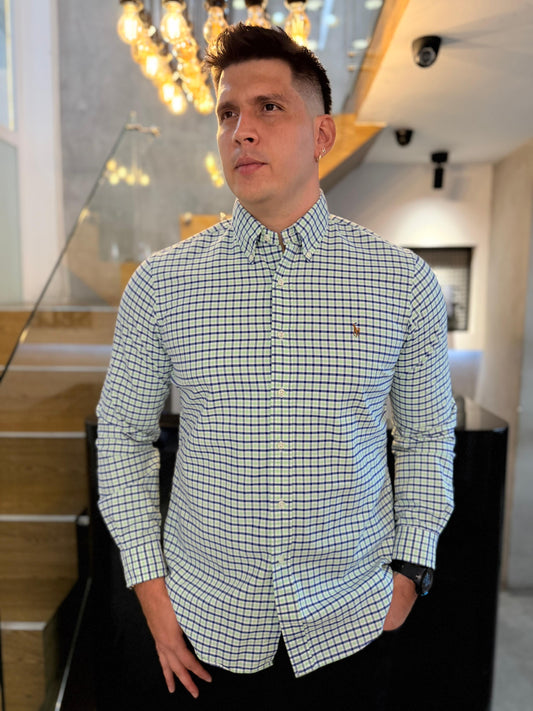 Camisa Polo R.L hombre Oxford Cuadros Verdes con Azul Caballo Multicolor