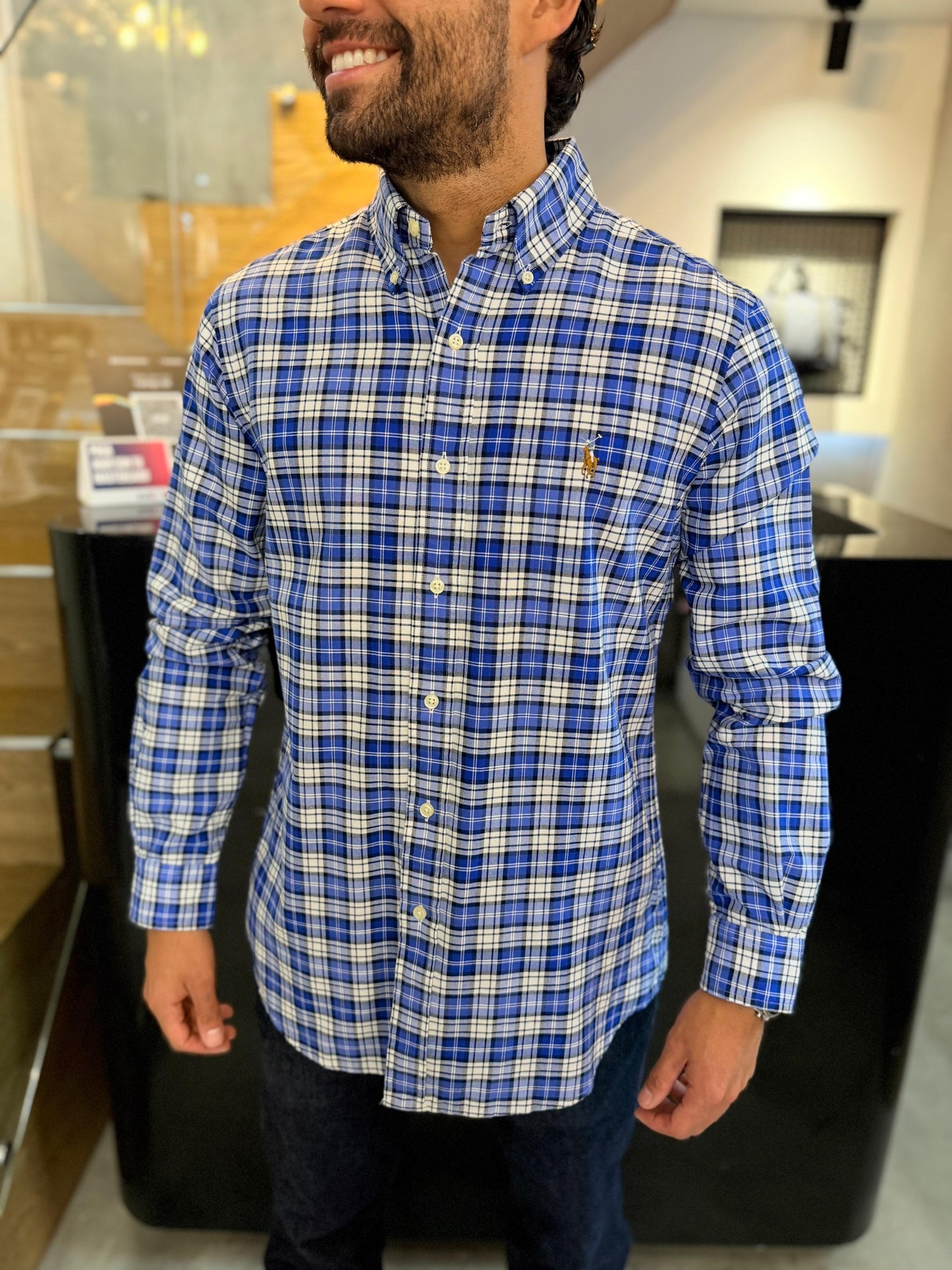 Camisa Polo R.L hombre Oxford Cuadros Azules Caballo Multicolor