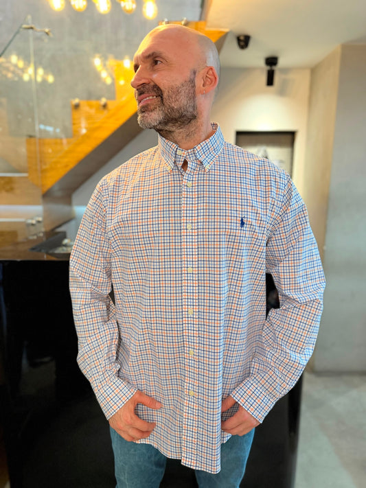 Camisa Polo R.L hombre Algodón Cuadros Blancos Con Naranja Caballo Azul