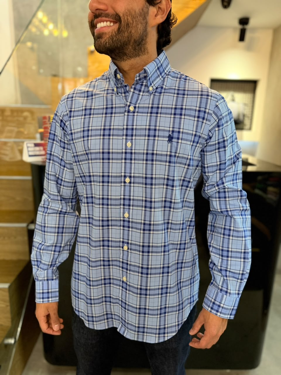 Camisa Polo R.L hombre Algodón Cuadros Celestes Con Azul Caballo Azul