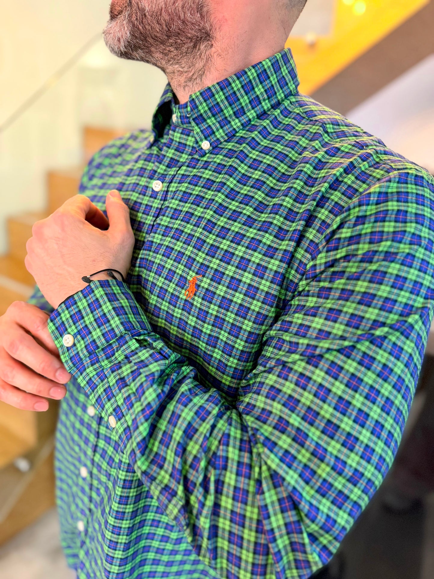 Camisa Polo R.L hombre Algodón Cuadros Verdes Con Azul Caballo Naranja