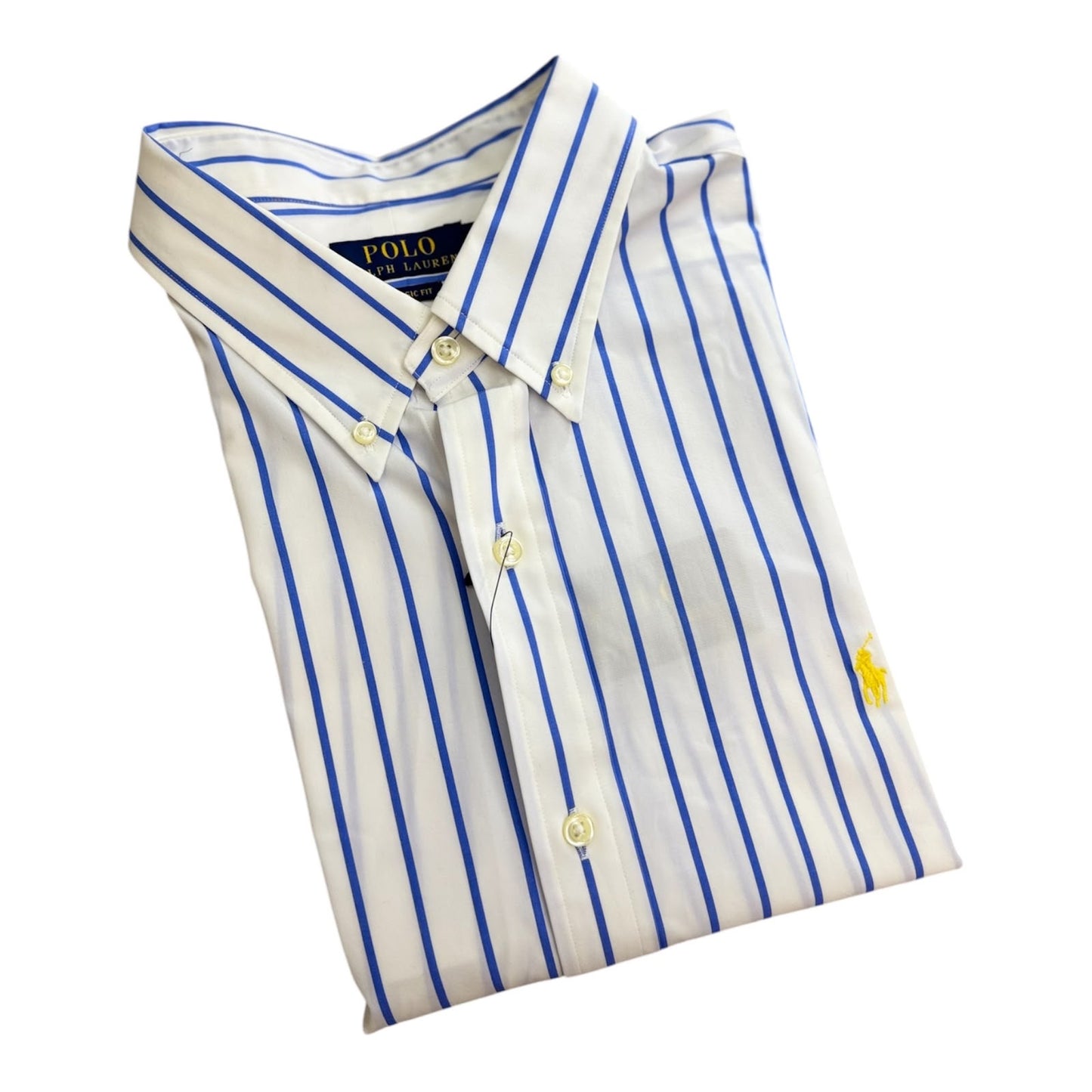 Camisa Polo R.L hombre Algodón Blanca Rayas Azules Caballo Amarillo