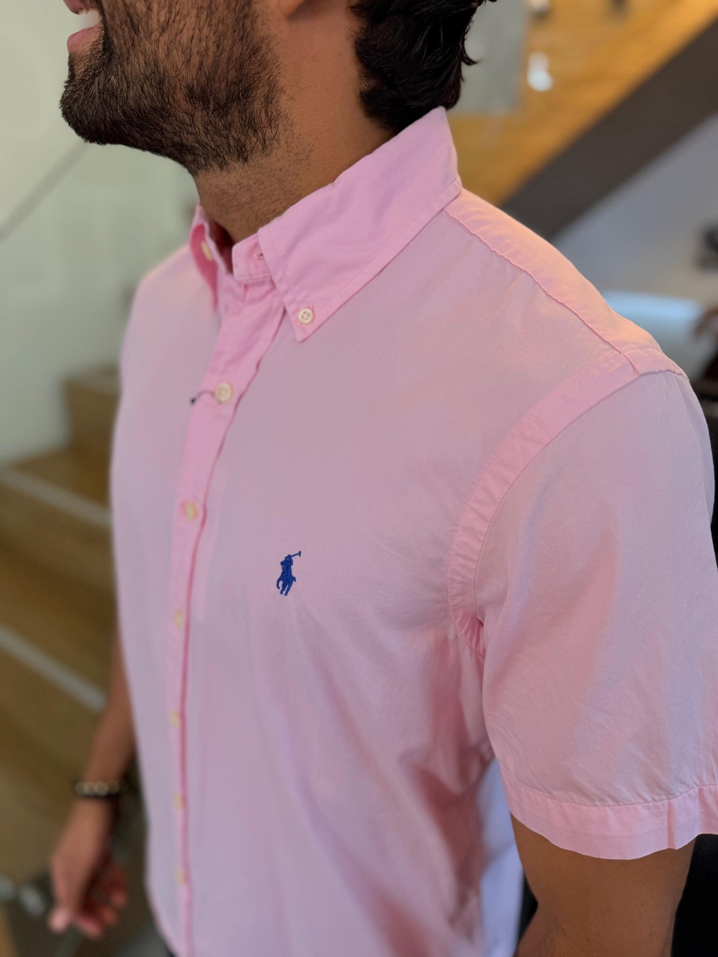 Camisa Polo R.L hombre Manga Corta Algodón Rosada Caballo Azul