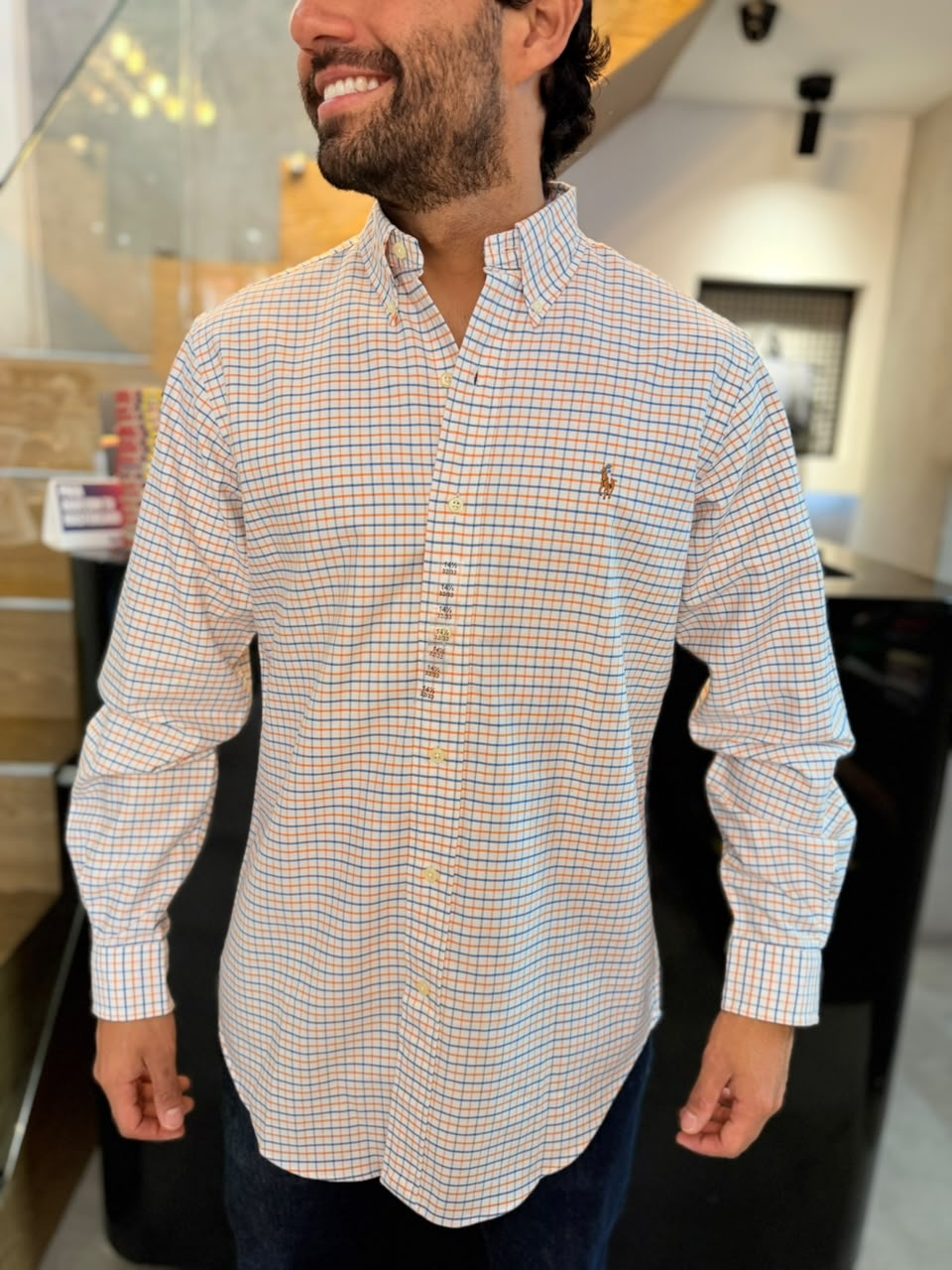 Camisa Polo R.L hombre Oxford Cuadros Blancos con Naranja Caballo Multicolor