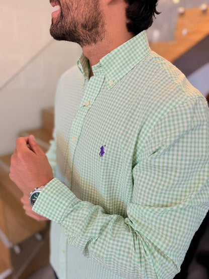 Camisa Polo R.L hombre Galleta Cuadros Verdes Con Blanco Caballo Morado