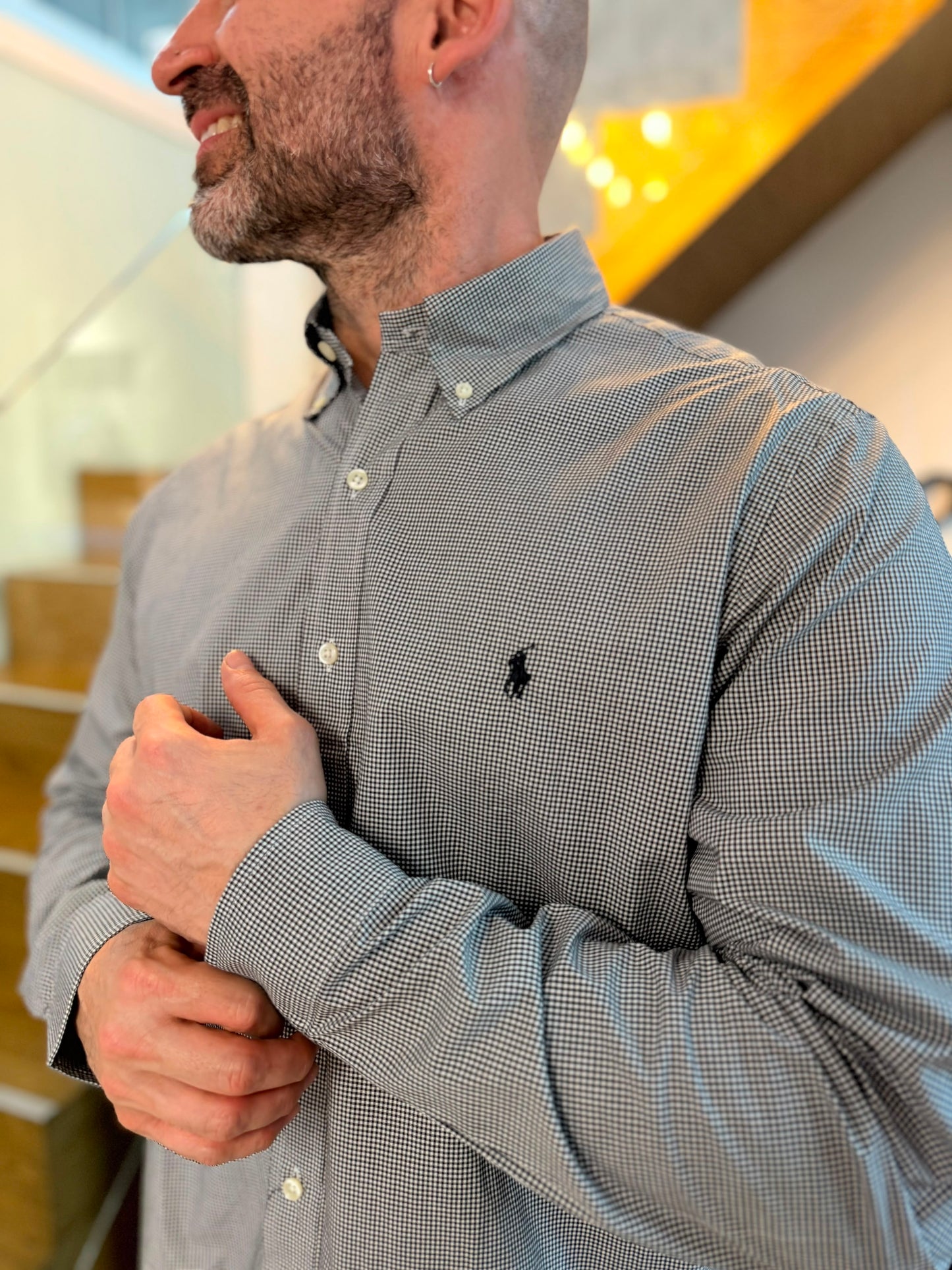 Camisa Polo R.L hombre Algodón Cuadros Negros Con Blanco Caballo Negro