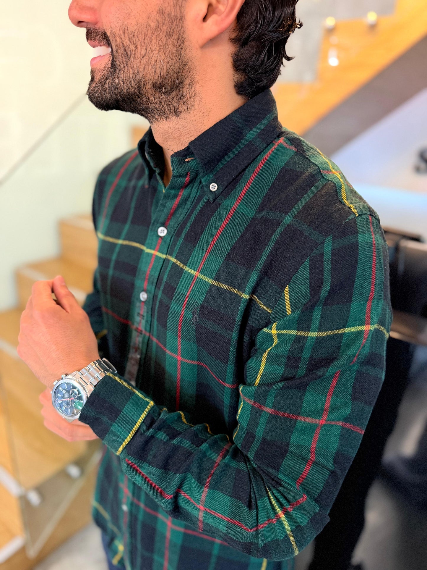 Camisa Polo R.L hombre Algodón Cuadros Verdes Caballo Negro