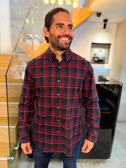 Camisa Polo R.L hombre Algodón Cuadros Vino Tinto Con Negro Caballo Azul