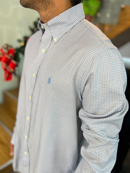 Camisa Polo R.L hombre Algodón Cuadros Caballo Celeste
