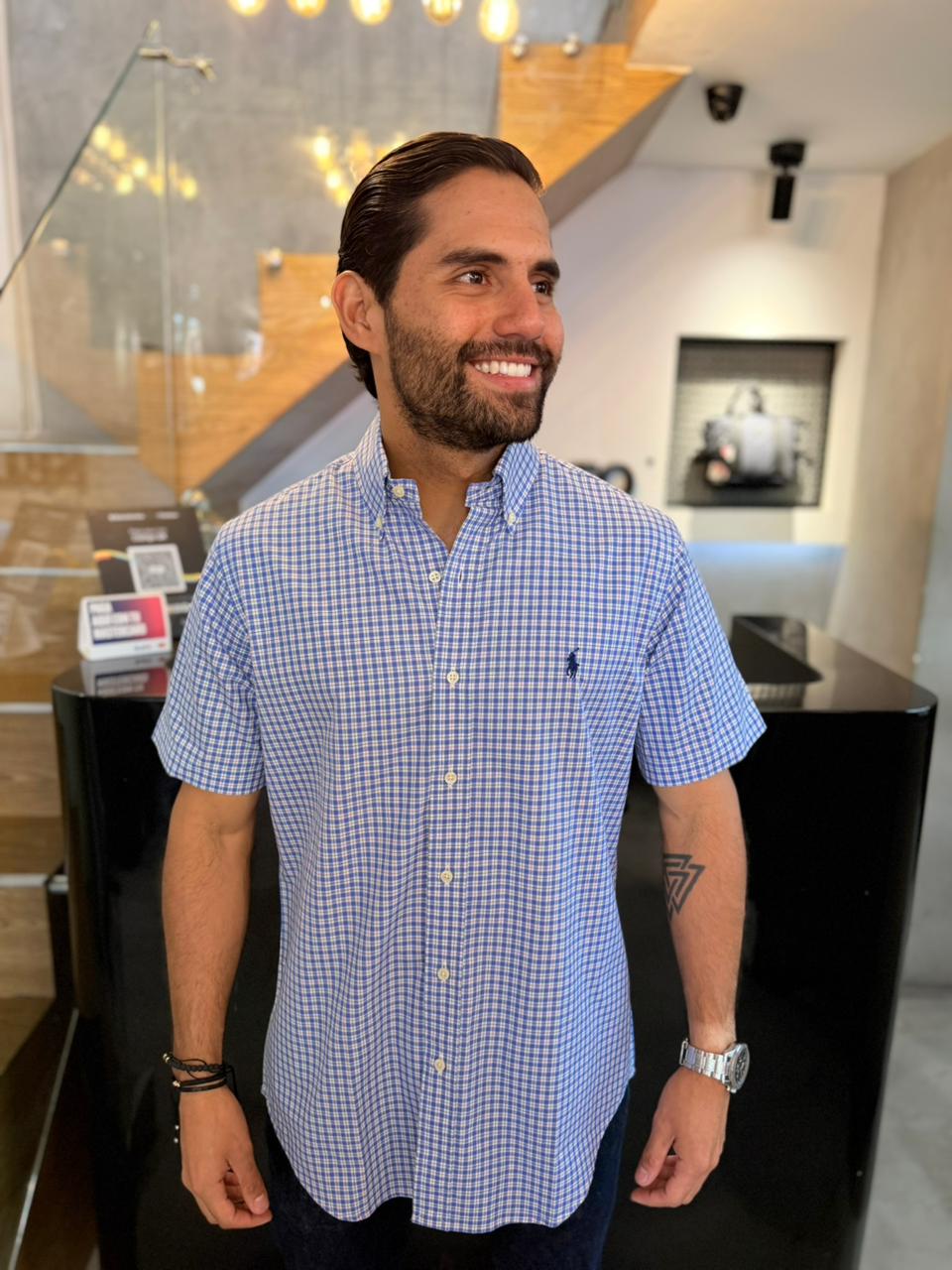 Camisa Polo R.L hombre Manga Corta Algodón Cuadros Azules Con Blanco Caballo Azul