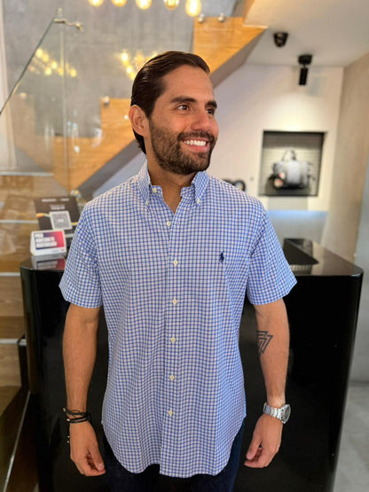 Camisa Polo R.L hombre Manga Corta Algodón Cuadros Azules Con Blanco Caballo Azul