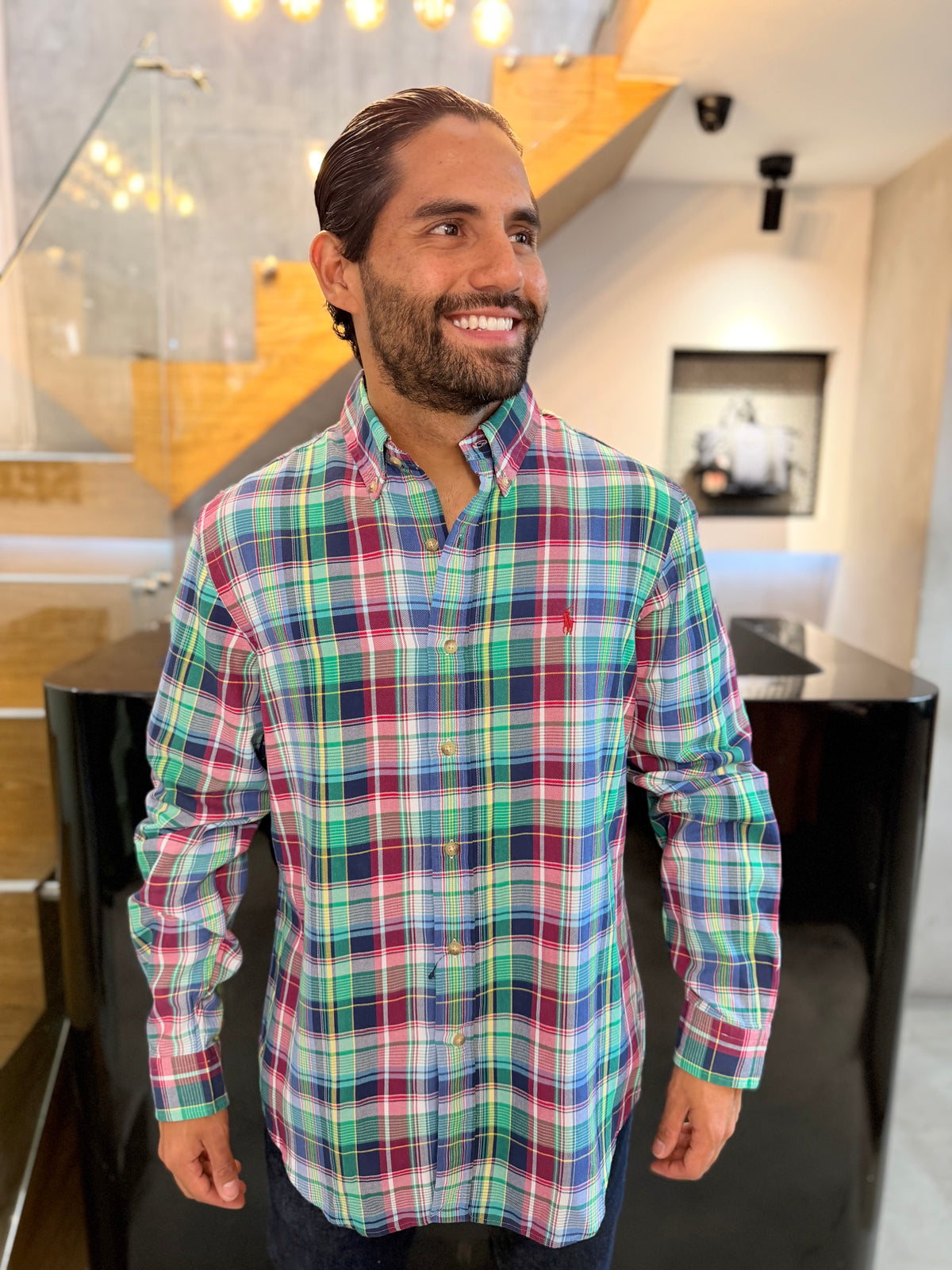 Camisa Polo R.L hombre Algodón Cuadros Rojos Con Verde Caballo Rojo