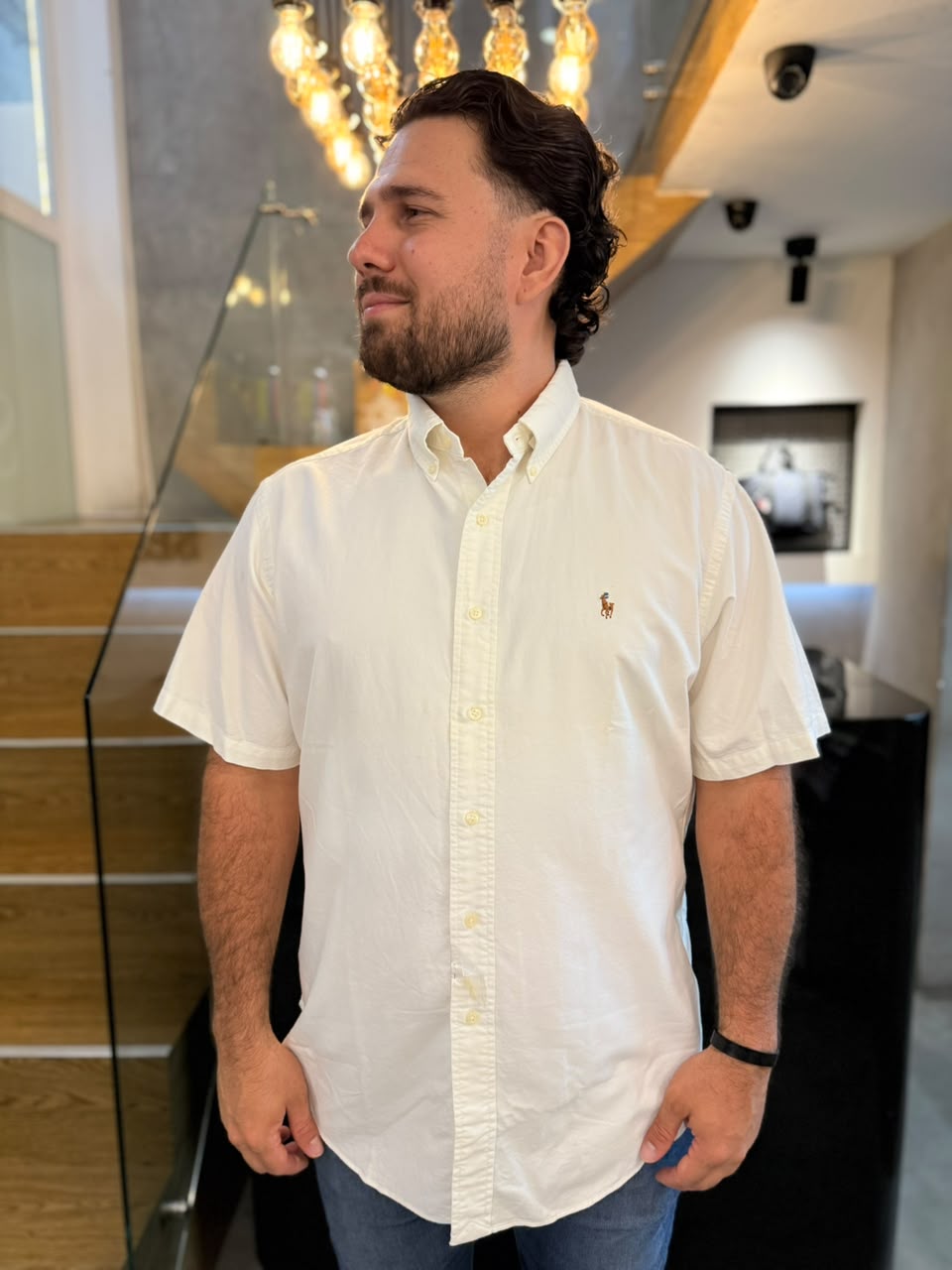 Camisa Polo R.L hombre Oxford  Manga Corta Blanca Caballo Multicolor