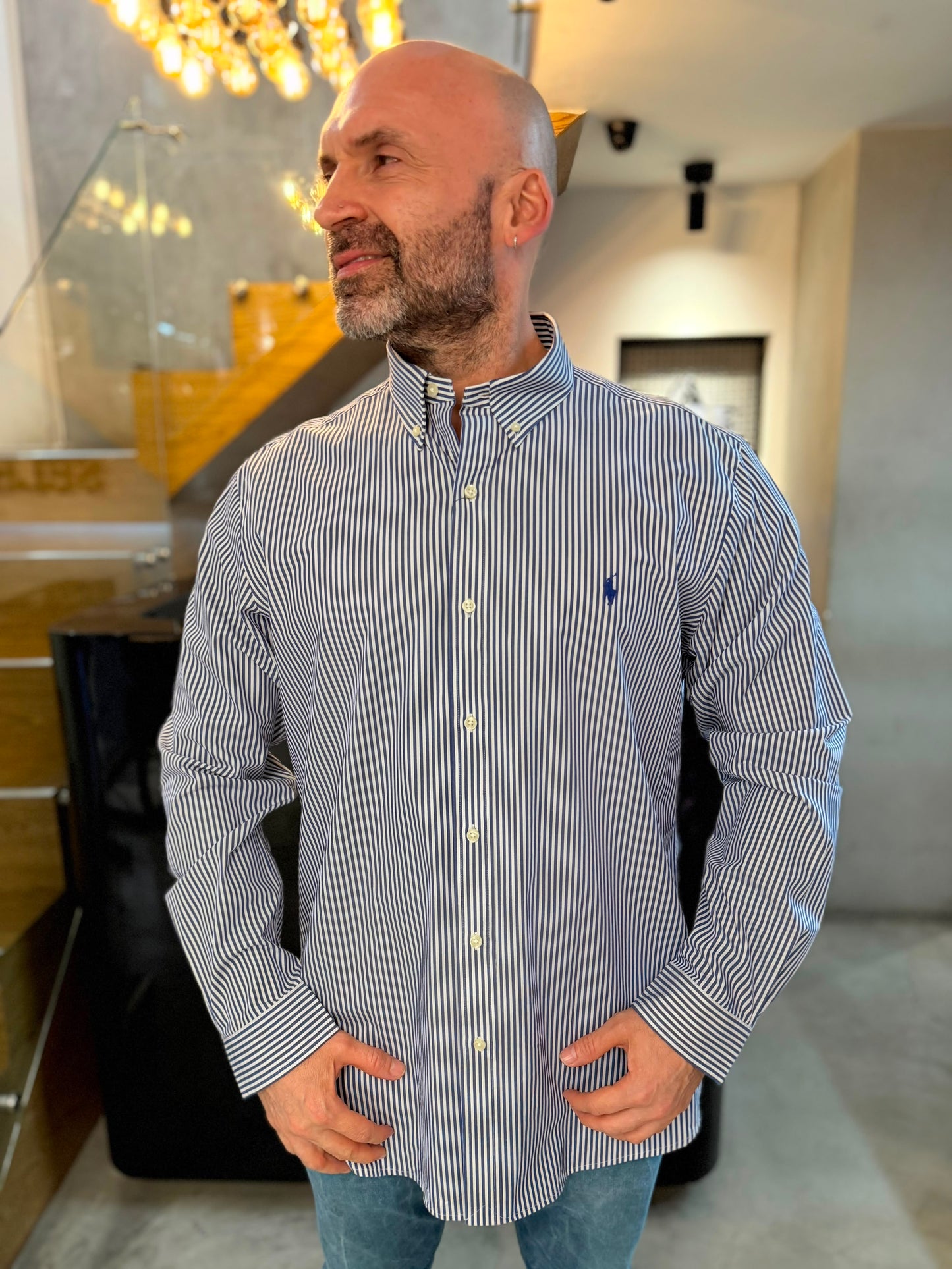 Camisa Polo R.L hombre Algodón Rayas Azules Con Blanco Caballo Azul
