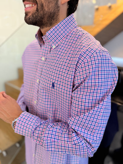 Camisa Polo R.L hombre Algodón Cuadros Lilas Con Azul Caballo Azul