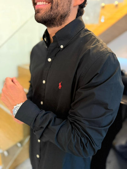 Camisa Polo R.L hombre Algodón Negra Caballo Rojo