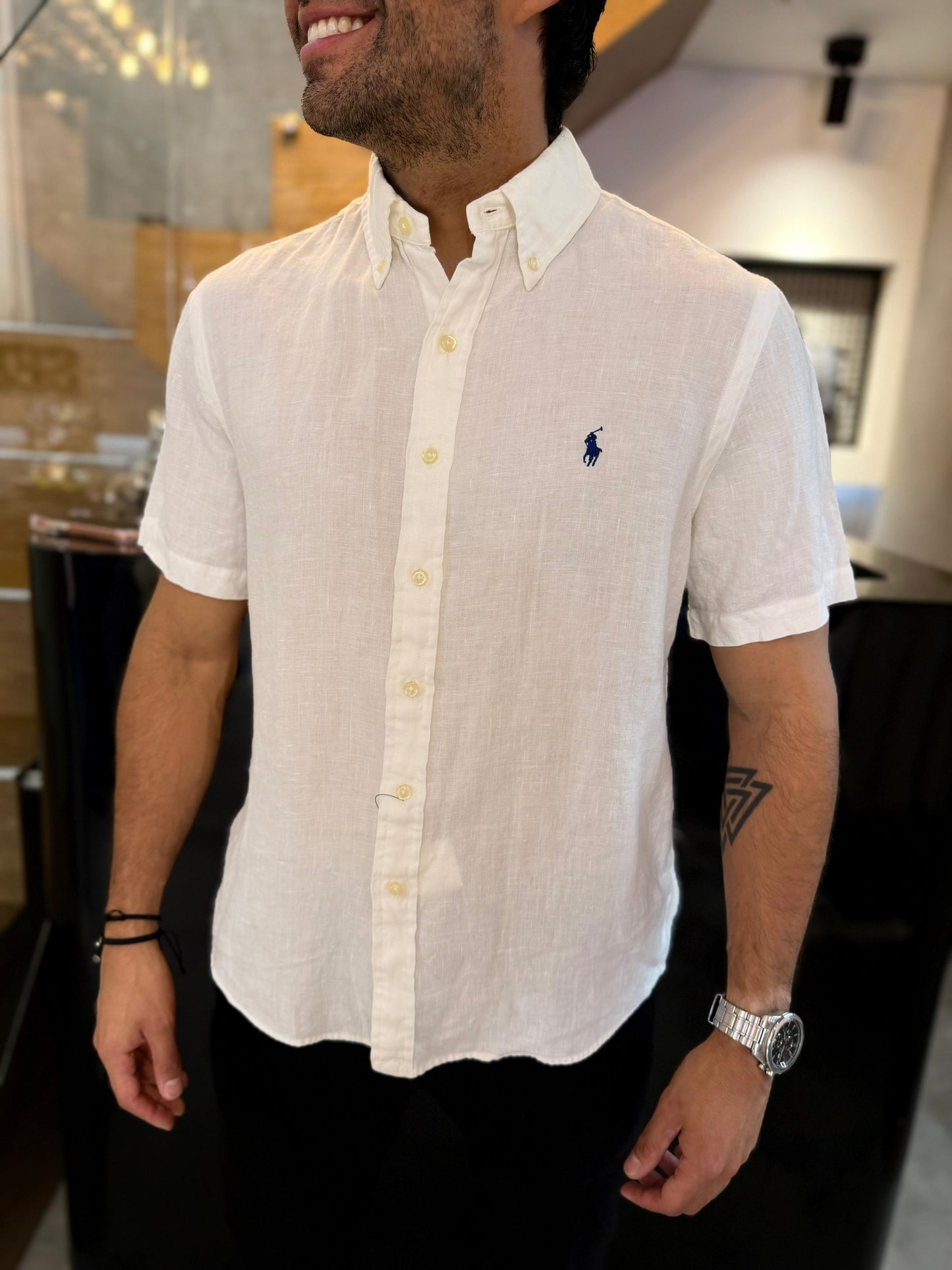 Camisa Polo R.L hombre Lino Manga Corta Blanca