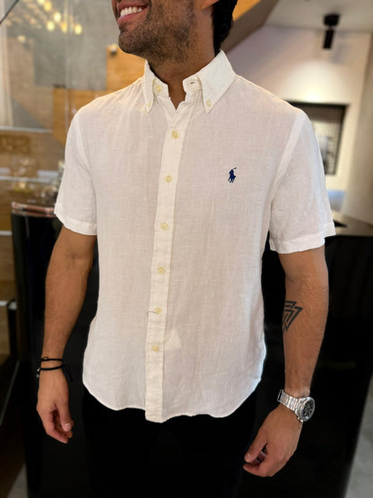Camisa Polo R.L hombre Lino Manga Corta Blanca