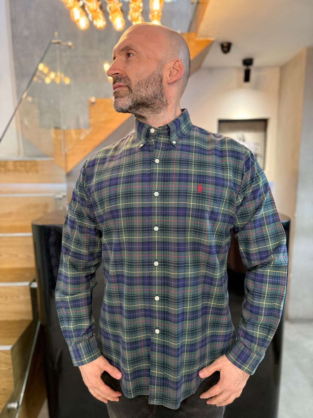Camisa Polo R.L hombre Oxford Custom Fit Cuadros Verdes Con Morado Caballo Rojo