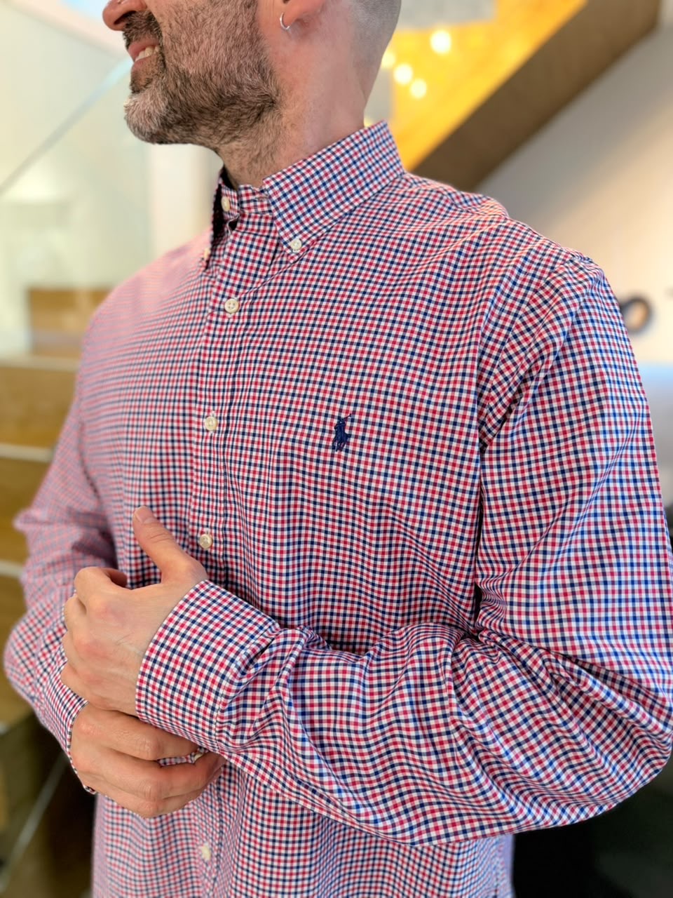 Camisa Polo R.L hombre Algodón Cuadros Rojos Con Azul Caballo Azul