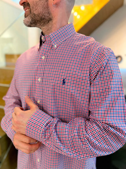 Camisa Polo R.L hombre Algodón Cuadros Rojos Con Azul Caballo Azul