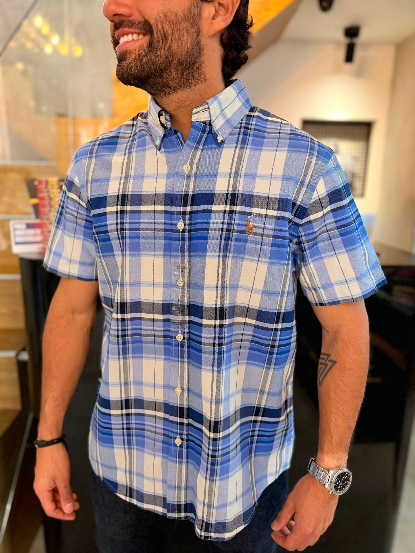 Camisa Polo R.L hombre Oxford Manga Corta Cuadros Azules Caballo Multicolor