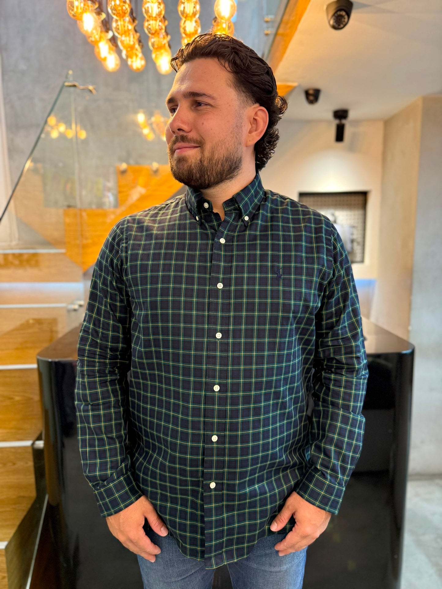 Camisa Polo R.L hombre Algodon Cuadros Azules Caballo Azul