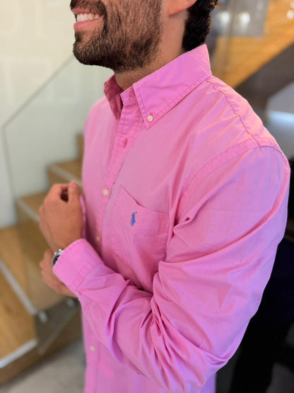 Camisa Polo R.L hombre Algodón Rosada Bolsillo Caballo Celeste