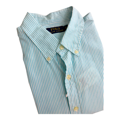 Camisa Polo R.L hombre Algodón Rayas Celestes Con Blanco Caballo Fucsia