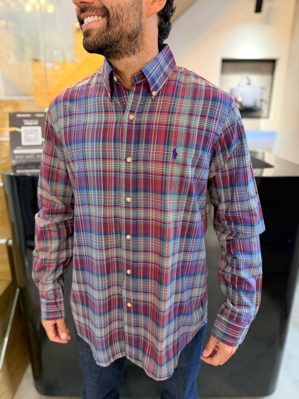 Camisa Polo R.L hombre Algodón Cuadros Morados Con Verde Caballo Azul